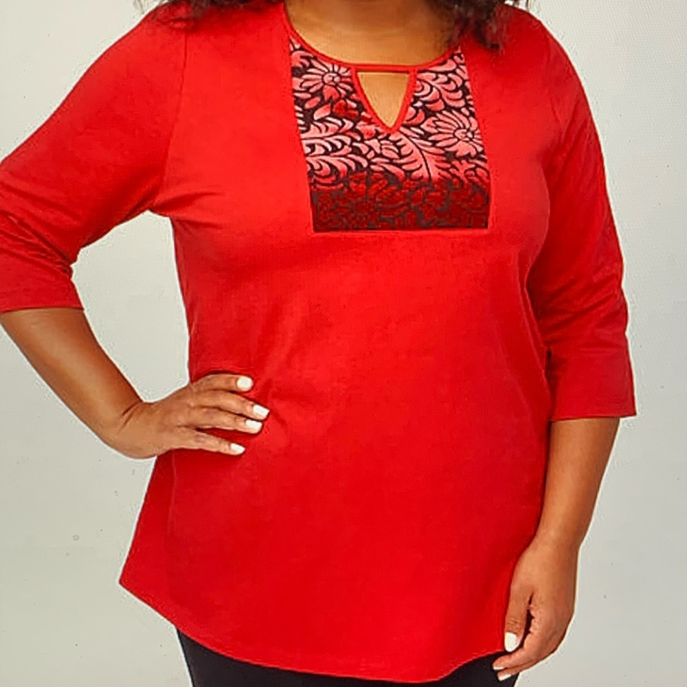 Top. Velvet Inset. 3/4 Sleeve. Red. 2X Petite